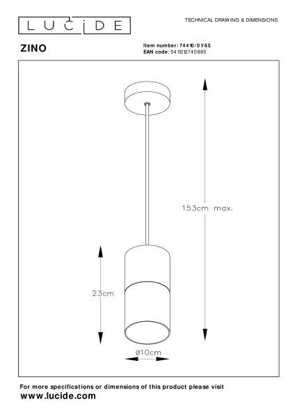 Lucide ZINO - Hanglamp - Ø 10 cm - 1xE27 - Fumé - technisch